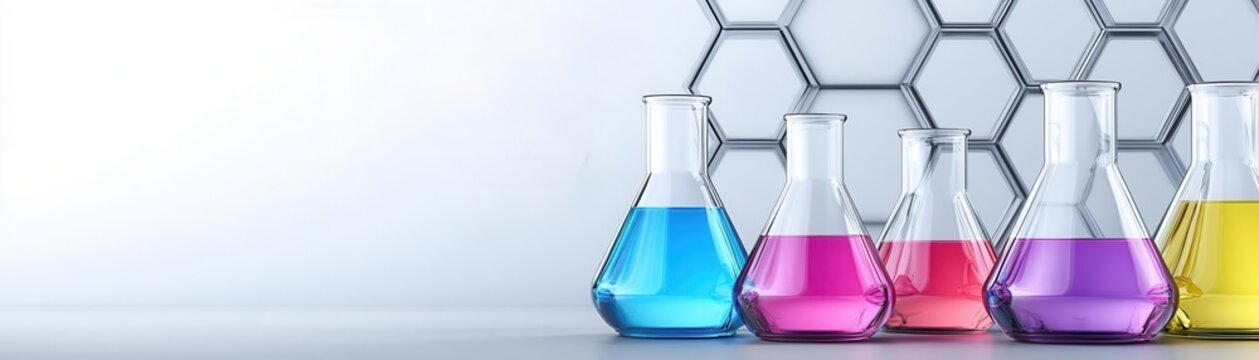 Beakers and flasks with vibrant liquids, arranged in a perfect hexagonal pattern, surrounded by floating chemical symbols, Sci-Fi, Digital Art