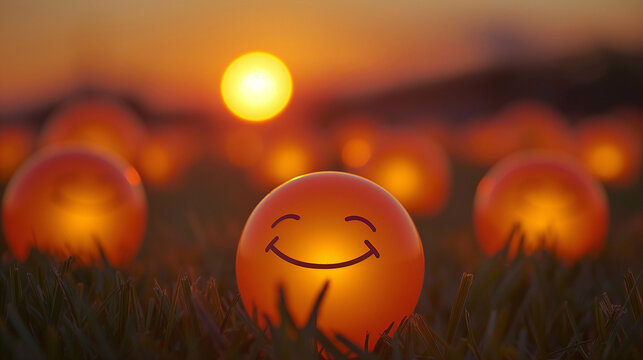 Golden sunlight illuminates a playful arrangement of smiling balls resting in a field. The scene captures a sense of joy and serenity as day turns to night