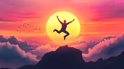 Welcome Merry Christmas in 2025. A young man jump between 2024 and 2025 years over the sun and through on the gap of hill silhouette evening colorful sky. Happy new year. generative ai