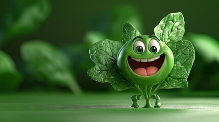 A joyful 3D cartoon spinach leaf with a wide grin, standing on a fresh green background, radiating health and energy.