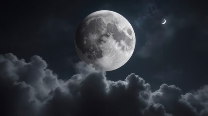 Dark sky with close-up waxing crescent moon