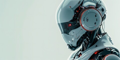 In-depth of an artificially intelligent robot skull placed on a soothing backdrop with an adjacent advert void space, Generative AI.