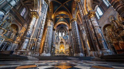 Interior View of an Ornate Cathedral with Marble Columns and a Starry Ceiling