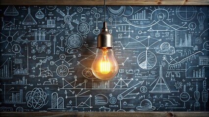 A chalkboard filled with confusing equations and diagrams, with a solitary lightbulb turned on, symbolizing the moment when a clear plan and solution emerges.