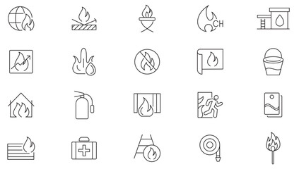 Fototapeta premium Fire line icon collection. Flame, energy, burn, nature, bonfire, danger, fireball, and flash icon set. UI outline icons pack