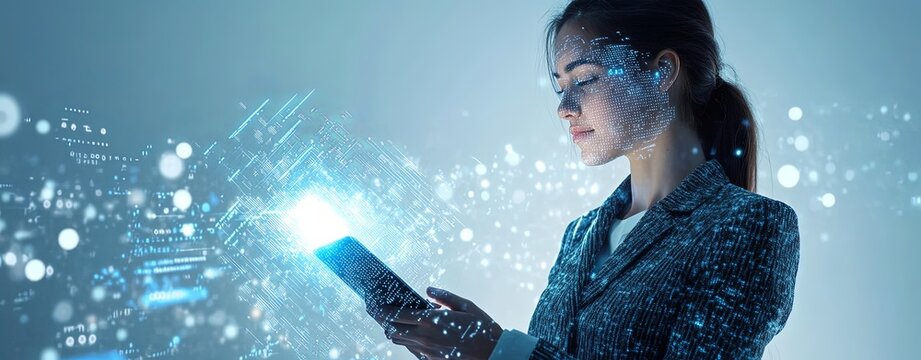A high-tech environment with a woman using a tablet, her face scanned by a bright, glowing hologram and surrounded by security data, against a light periwinkle blue background