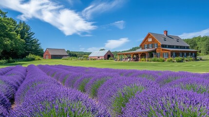 A scenic view of a lavender field with a rustic house and barns under a blue sky.