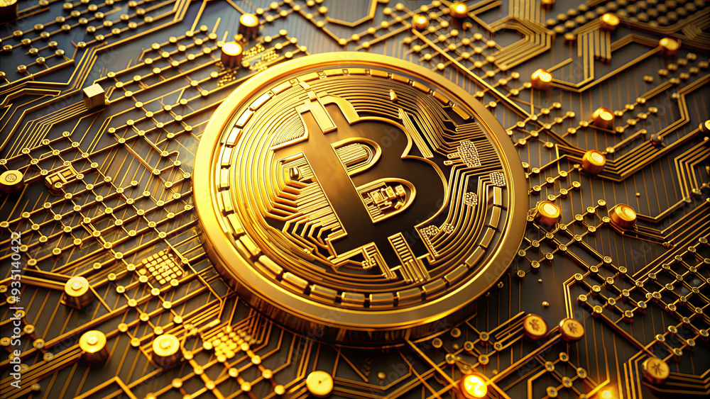 Poster the image showcases a prominent golden bitcoin emblem resting on an intricately designed circuit boa