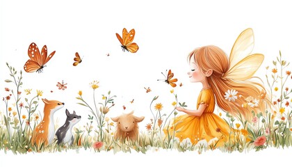 Whimsical fairy with animals in meadow, happy and smiling, beautiful scene, simple drawing, white background