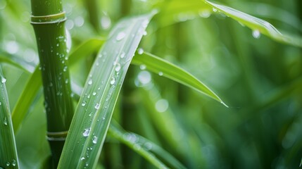 Fototapeta premium A bamboo plant in focus, leaves dotted with water droplets, background softly blurred