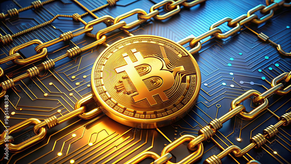 Aufkleber a golden bitcoin coin lies on intricate circuit board patterns, surrounded by chains that represent 