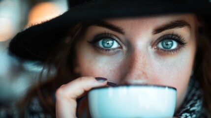  A woman, up-close, holds a steaming cup of coffee She dons a black hat atop her head