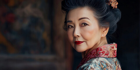 Fototapeta premium A beautiful old woman with black hair wearing Chinese traditional clothing, generative AI