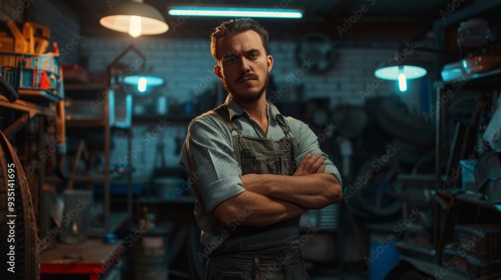 Poster a skilled auto mechanic stands with arms crossed in a well-equipped workshop, showcasing confidence 
