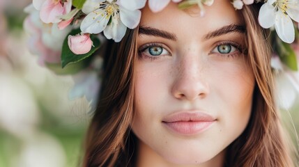Naklejka premium A women with flowers in her hair and a floral wreath on her head gazes directly into the camera