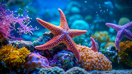A group of starfish resting on a coral reef