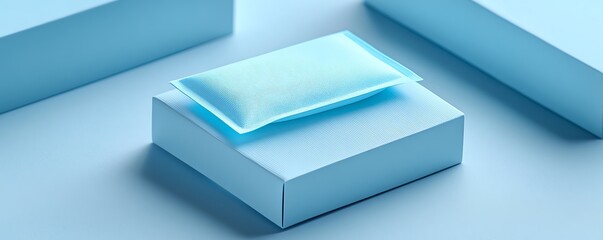 Matte sky blue box designed for singleuse sachets, fitting a skincare face mask brand, with a matte sky blue sachet displayed outside, background color E1F6FF