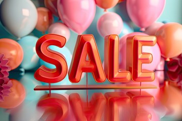 Bold red letters with the 3D inscription "SALE" stand out against the background of pink balloons, creating an attractive visual image, ideal for advertising discounts and special offers.