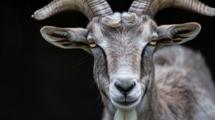  A close-up of a goat with horns on its head, displaying distinctively long horns