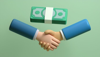 A cartoon-style handshake symbolizing agreement and financial partnership, with cash illustrated in the background.