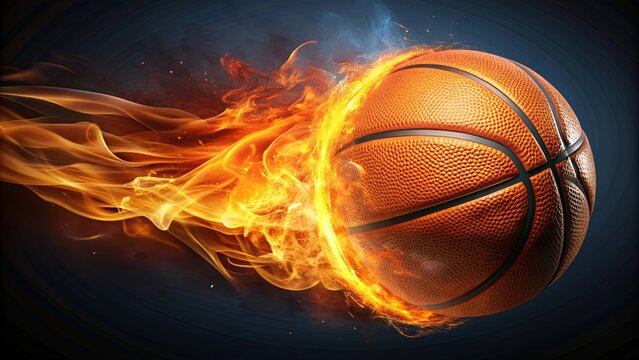 Basketball ball engulfed in fiery flames with a burning tail on background