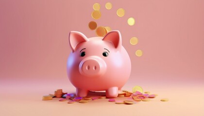 A charming pink piggy bank surrounded by shiny coins, symbolizing savings and financial growth in a playful, colorful setup.