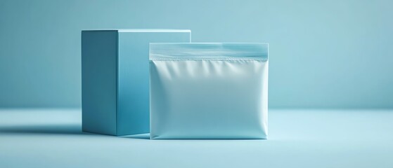 Simple matte sky blue box for face mask sachets, with a singleuse sachet outside, background color E1F6FF