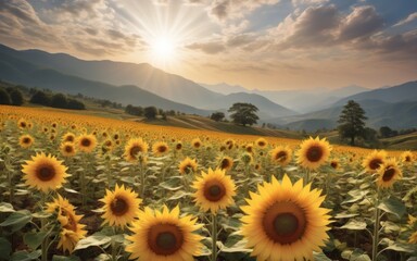 Obraz premium Stunning Landscape: Sunflower Field with Mountain View, Bright Y