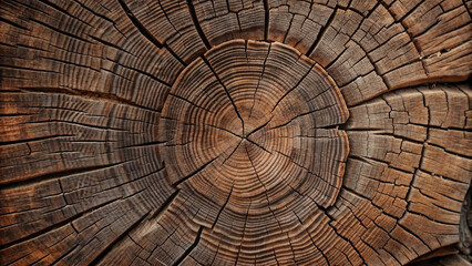 Naklejka premium The detailed texture of an aged tree stump showcases distinct growth rings, revealing the history and age of the wood through lines and patterns formed over time