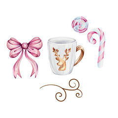 Watercolor Christmas clip art with bow, c white mug with gold reindeer, sweet candy cane. Xmas collection for design. Hand painted illustrations, isolated on white background
