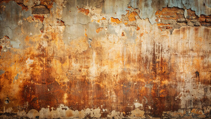 Obraz premium A heavily weathered wall displays various textures with rust and peeling paint, reflecting years of exposure and neglect in an urban environment. The colors blend into a stunning display of decay