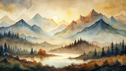 Watercolor landscape with vintage neutral colors featuring abstract mountains