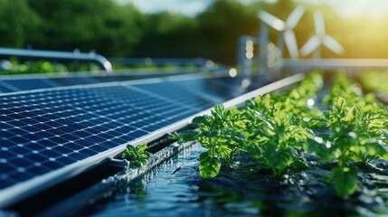 A close-up view of solar panels beside vibrant crops, showcasing sustainable energy and agriculture in harmony with nature.