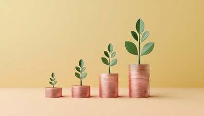 Growing plants in pastel pots symbolize financial growth and sustainable investment in a vibrant setting.