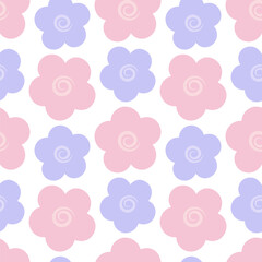 Flowers. Pink and purple inflorescence of a flowering plant. Seamless vector pattern. Isolated colorless background. Endless summer ornament of opened flower buds with round petals. Flat style. 