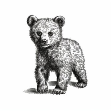 Detailed Black-and-White Illustration of a Bear Cub for Animal Art Prints and Wildlife Education