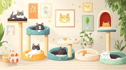 Cozy Feline Sanctuary  Cartoon Cats Lounging in Vibrant Cat Beds Amidst Colorful Wall Art and Lush Greenery