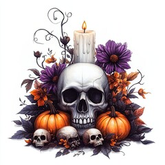 Halloween Candle with Skulls, Pumpkins, and Flowers, Gothic Halloween arrangement featuring a lit candle, skulls, pumpkins, and dark flowers, perfect for spooky seasonal decorations.
