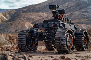 A robot operates a vehicle on the road, highlighting the future of automated driving technology, A robotic vehicle performing autonomous missions in hazardous environments. AI generated