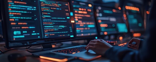 A focused programmer writes code on a dual-monitor setup, featuring vibrant syntax highlighting in a dark environment.