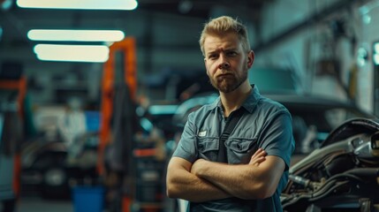 An auto mechanic stands confidently with arms crossed in a busy workshop, surrounded by tools and vehicles, highlighting a professional environment focused on automotive repair