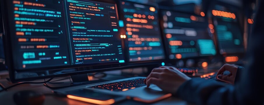 A focused programmer writes code on a dual-monitor setup, featuring vibrant syntax highlighting in a dark environment.