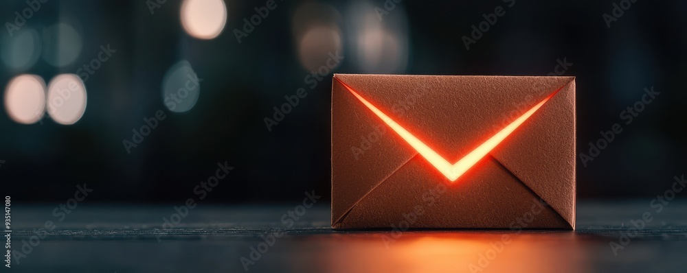 Poster a glowing envelope on a table, symbolizing communication and connection in a modern digital world.