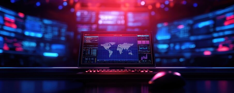 A futuristic workspace featuring a laptop displaying a digital world map and vibrant screens, ideal for technology themes.