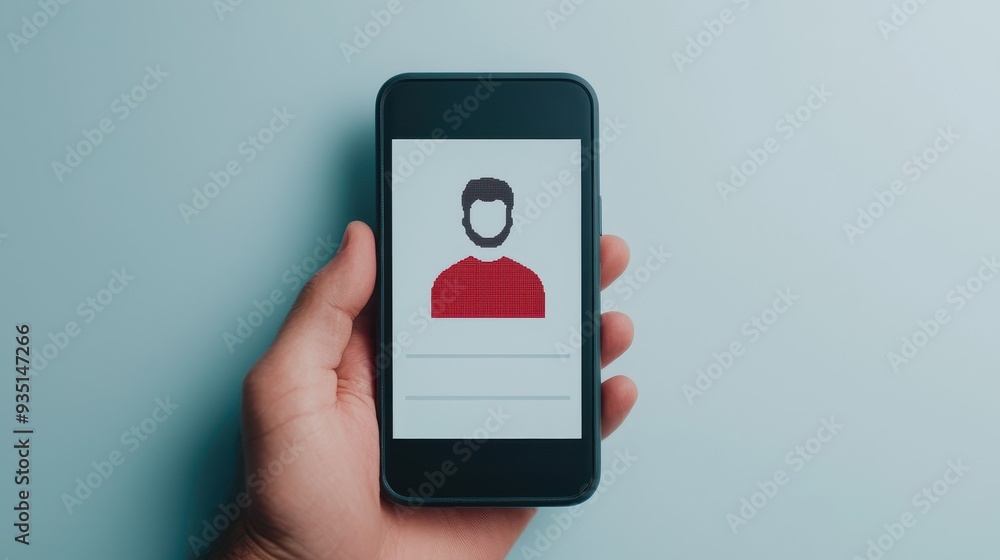 Poster a hand holding a smartphone displaying a digital profile with a user icon, symbolizing modern techno