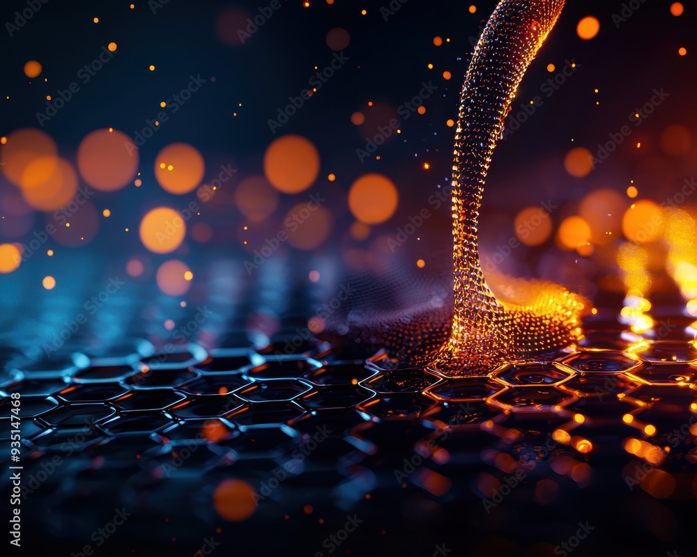 Poster a mesmerizing close-up of liquid forming elegant shapes over a textured surface, enhanced by glowing