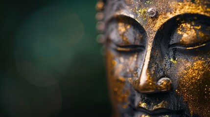 Obraz premium A tight shot of a Buddha stature's face, adorned with golden flecks at eye and facial contour areas