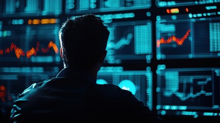 A professional observing digital financial data on multiple screens, representing market analysis and decision-making processes.