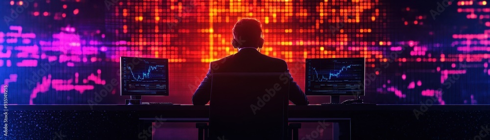 Poster a silhouette of a professional analyzing digital data on multiple monitors in a vibrant, futuristic 
