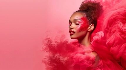 Fototapeta premium A woman in a pink dress, feather headpiece, closed eyes, and wind-blown hair